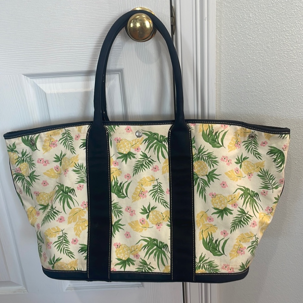 Vintage J Crew canvas bag floral pineapples 100% cotton tote navy white pockets